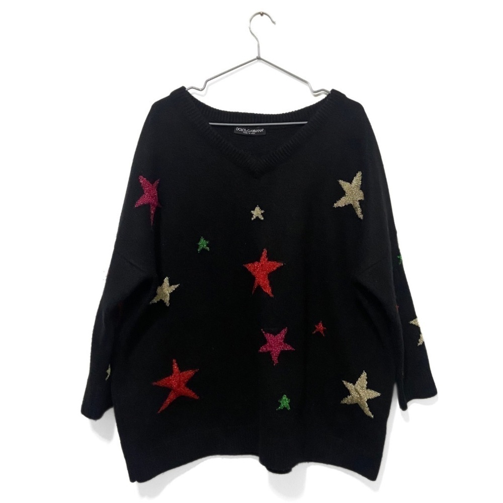 Dolce & Gabbana Black Star Print V-Neck Wool Sweater Size Small